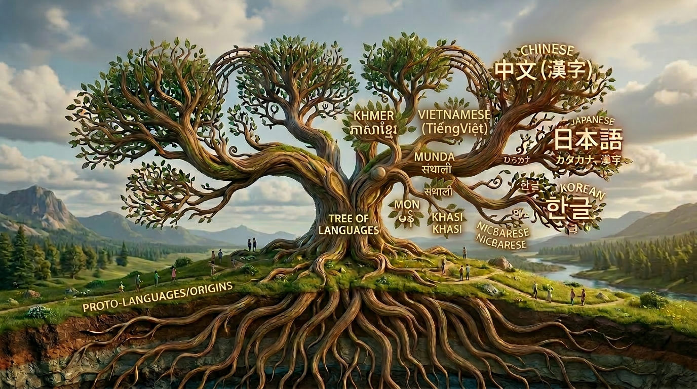 Linguistic script origins tree diagram Tree diagram showing language roots and scripts including Latin, Cyrillic, Arabic, Chinese, Japanese, and Korean